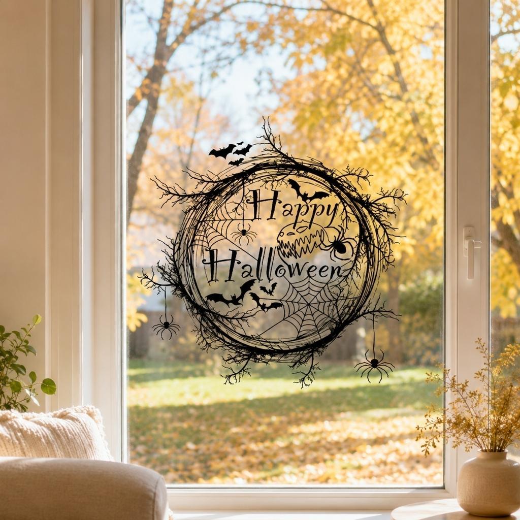 Halloween Removable Static Cling Window Decal Spider Web Bat Design No Glue Required Glass Decoration for Home Office Storefront