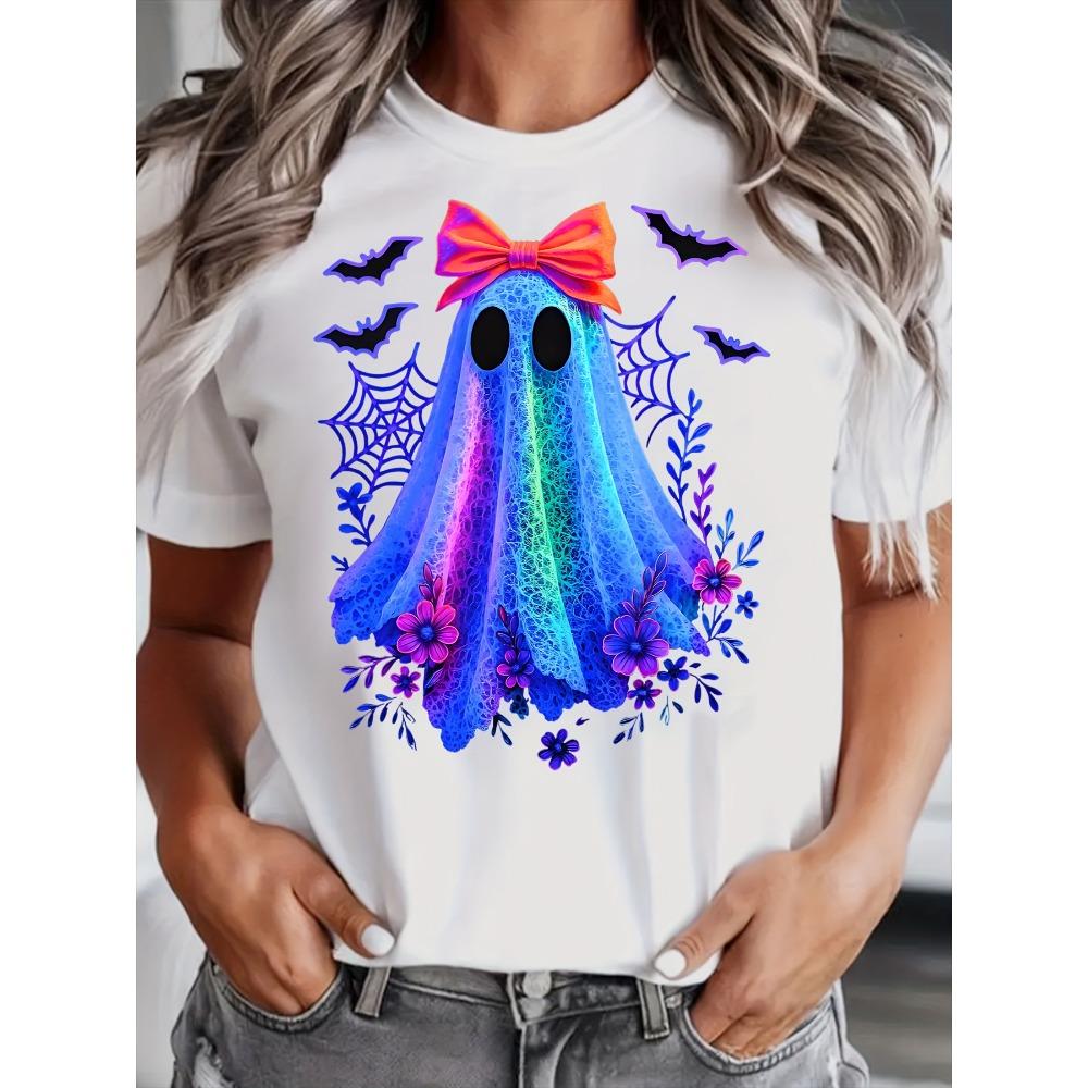 Halloween Women's Autumn Loose Short Sleeved T-shirt Suitable for Women's Casual Ghost Print Fun T-shirt Japan