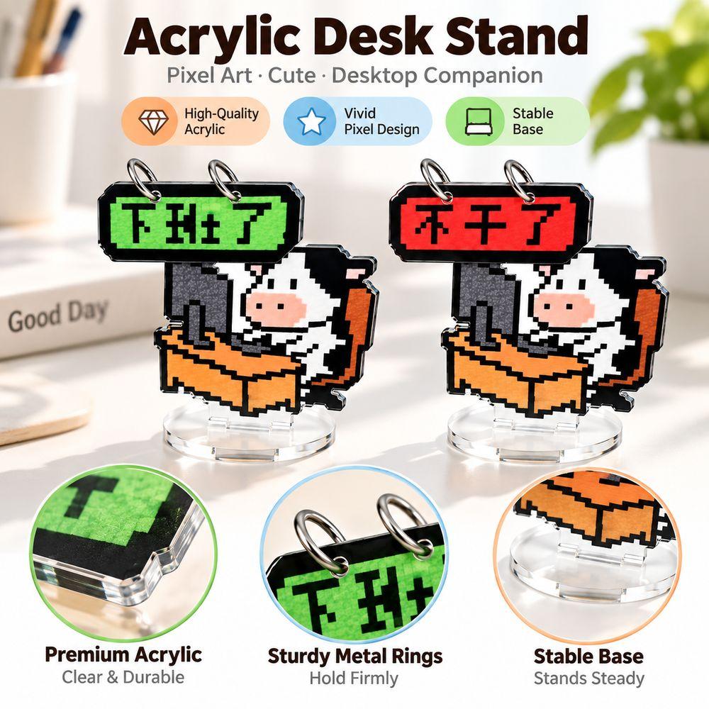Pixel Cartoon Desk Flip Sign Acrylic Helps the Sign Stand Reversible Desk Plaque Work Desk Decor