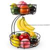2-Tier Fruit Basket Metal Bowl, Bread Baskets Holder Large Stand Organizer with Banana Hanger Black Dish Rack Shelves