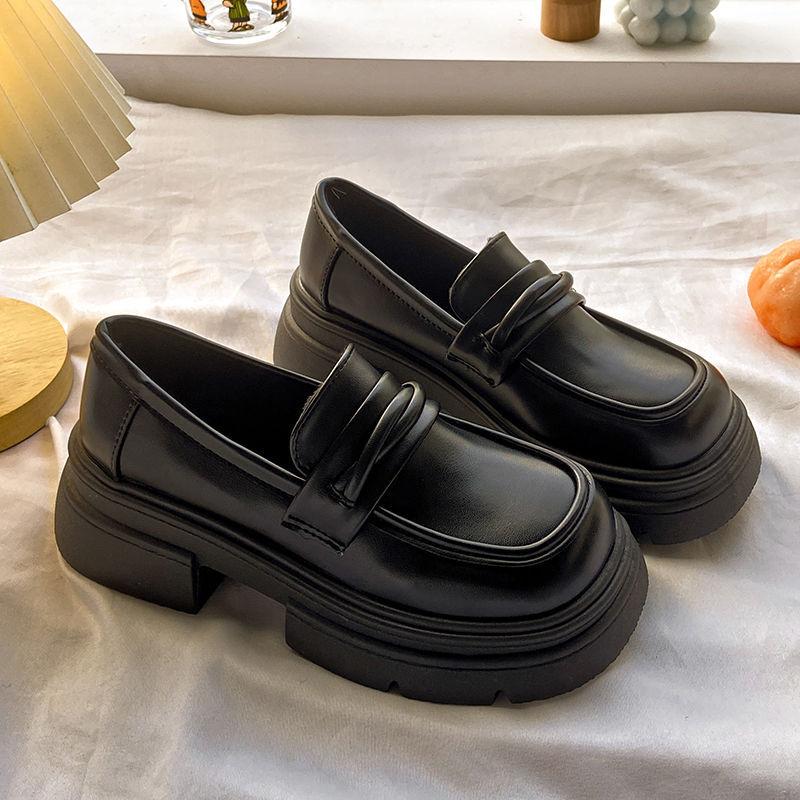 Platform muffin loafers women's spring and autumn 2025 new women's shoes one pedal black single shoes British style small leather shoes