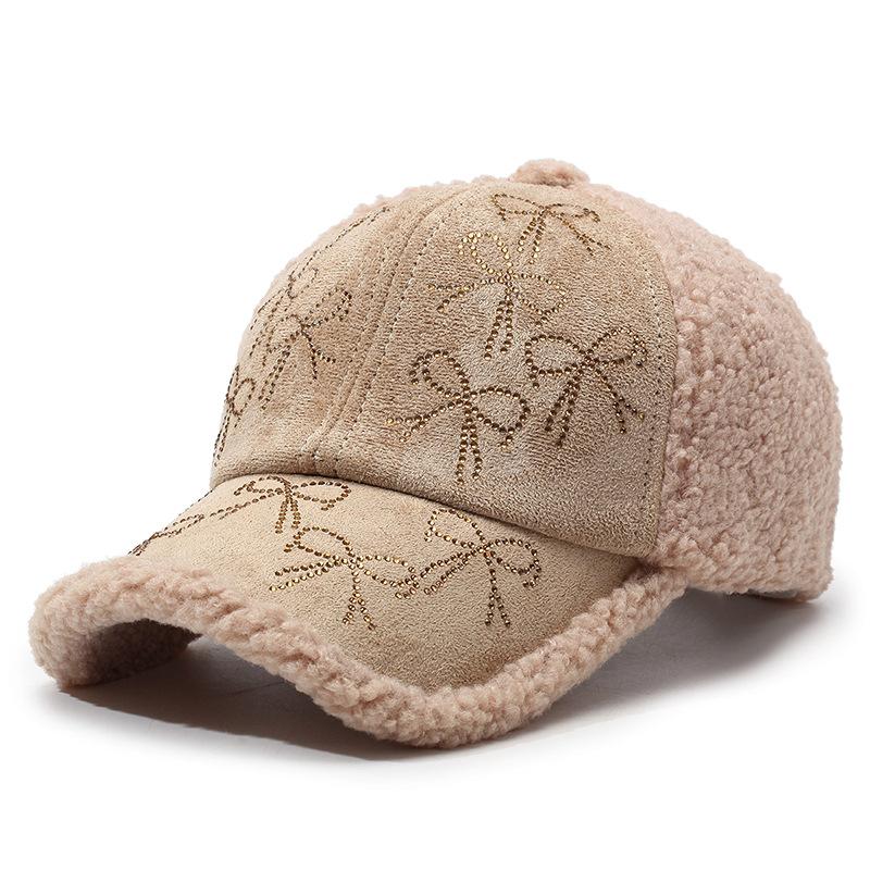 New Lamb Wool Thermal Baseball Cap, Hot Diamond Bow Cap, Fashionable Outdoor Women'S Cotton Hat.