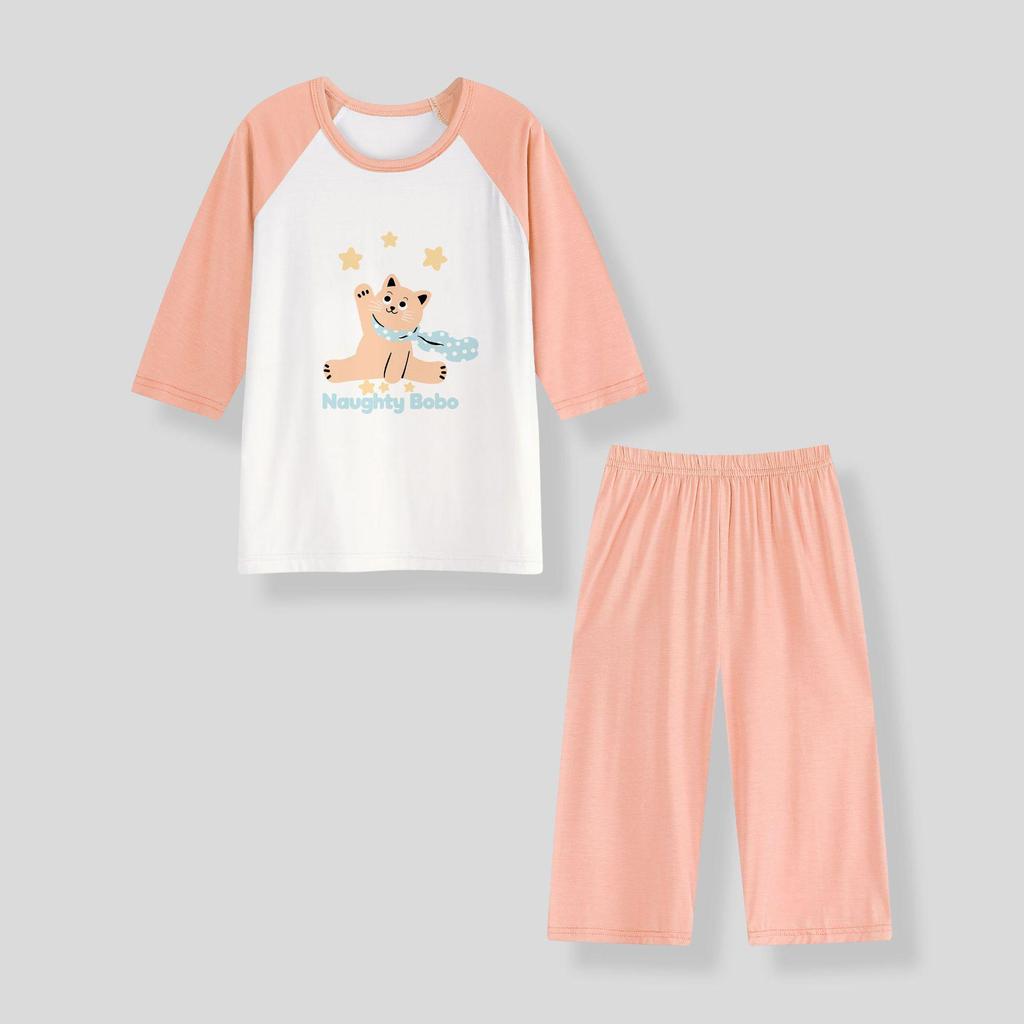 Girls' Air-Conditioned Pajama Set: 7-Point Sleeve & Pants, Ages 2-15, Sizes 80-160cm, Breathable Summer Sleepwear