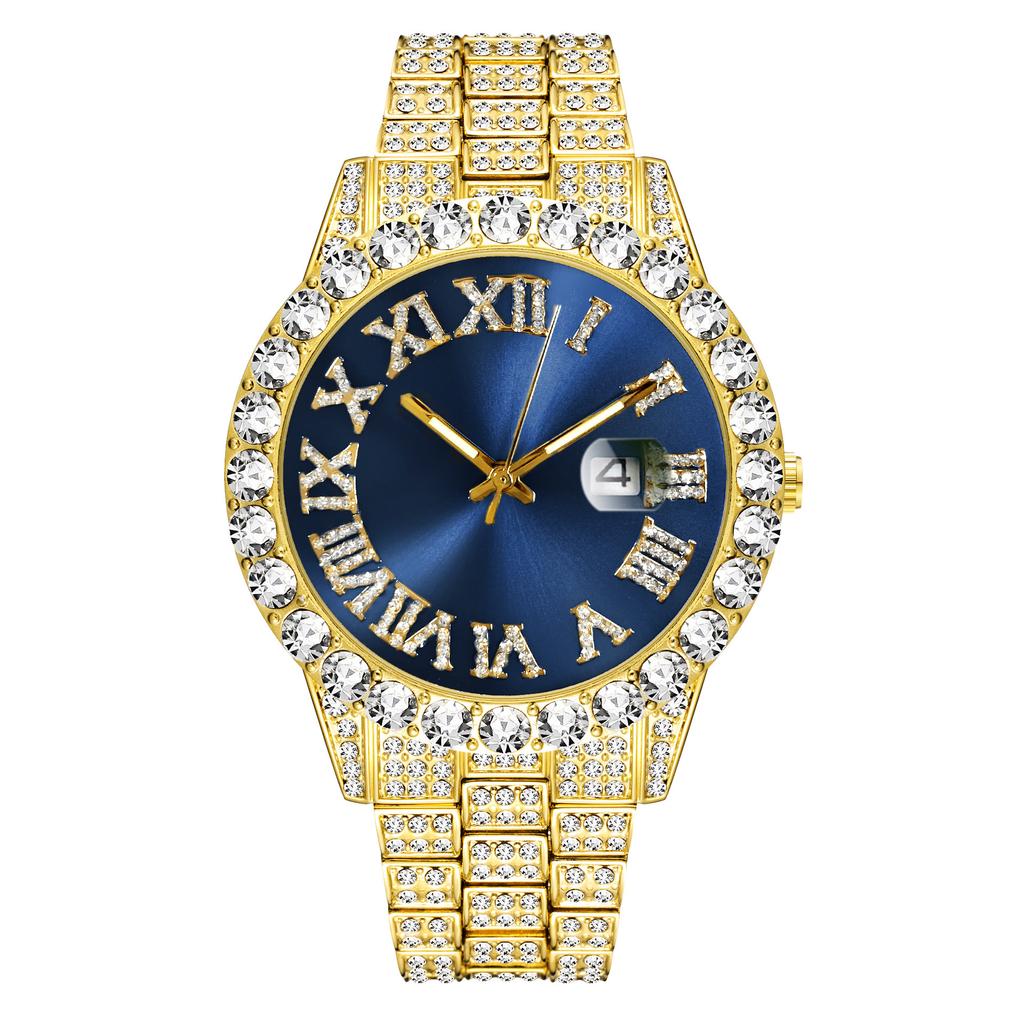 Roman Numerals Diamond-encrusted Men's Watch Trendy Brand Green-faced Large Dial Quartz Watch, One Piece Is Sent On Behalf of Others.