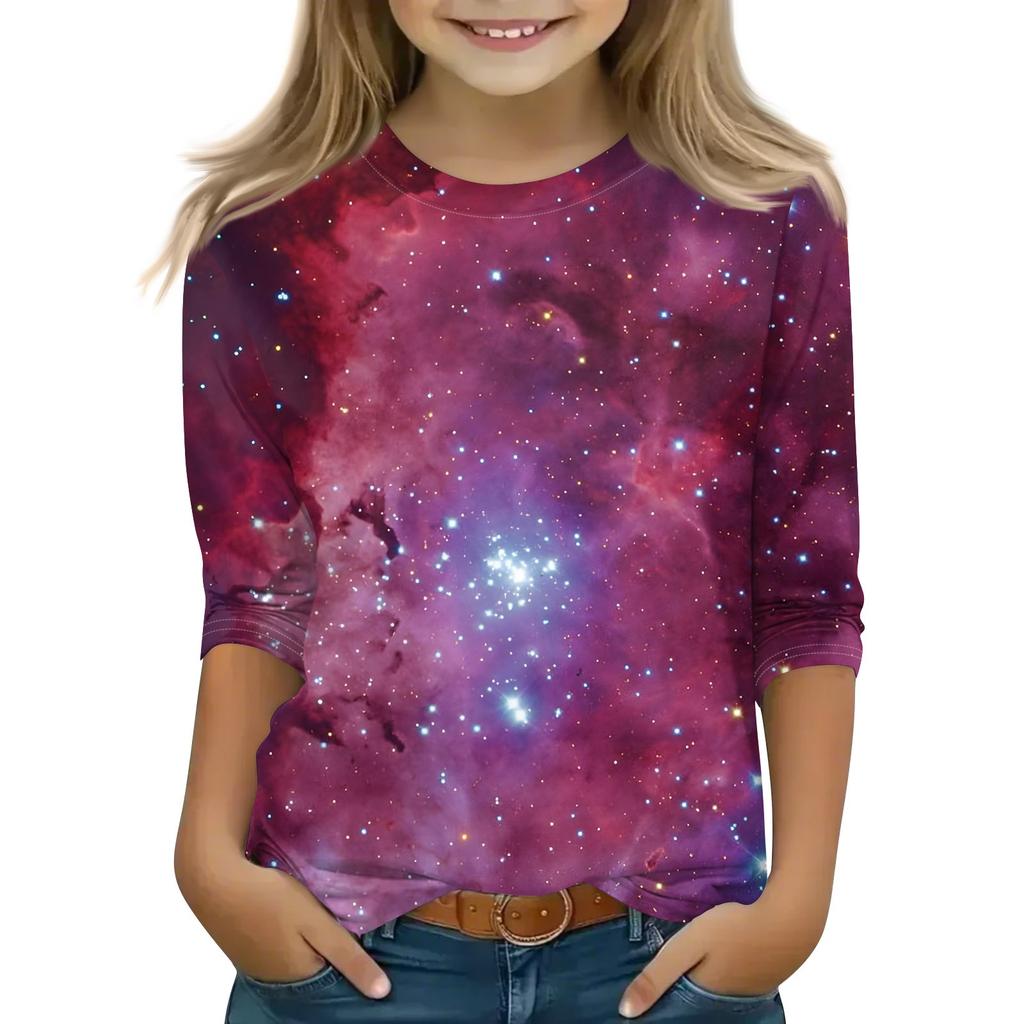 Bedruckte Oberteile für junge Mädchen von 5–16 Jahren, Rundhalsausschnitt, 3/4-Ärmel, T-Shirts, trendige Oberteile, Outfit-T-Shirts