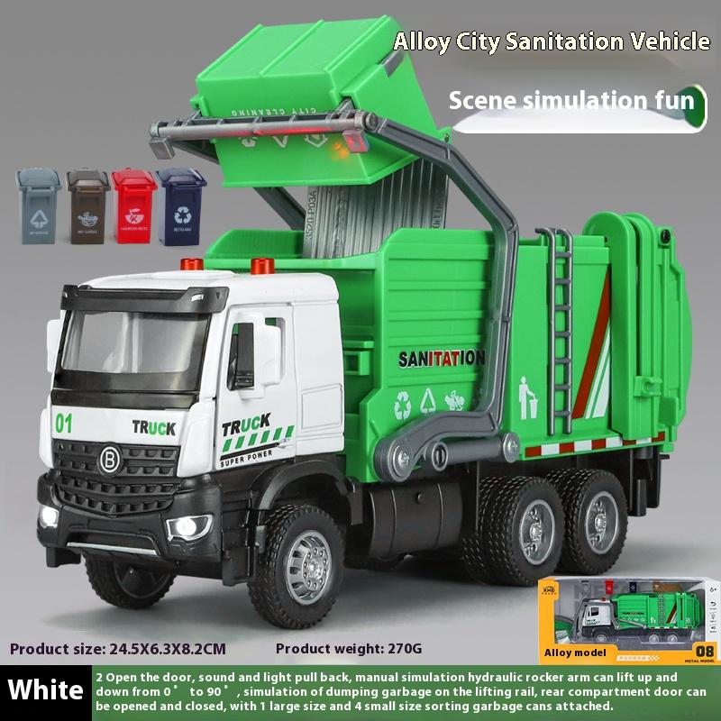 1/35 Urban Sanitation Vehicle Garbage Truck Model Metal Die Casting Engineering Vehicle Simulation Sound and Light Halloween Toy