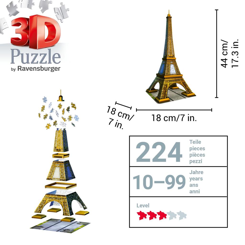 Ravensburger 3D Eiffel 216 Finished 44cm Recommended 3D Gift Puzzle Tower, pieces. size tall. (Item No. 12556) age 12+. [Puzzle, Puzzle,