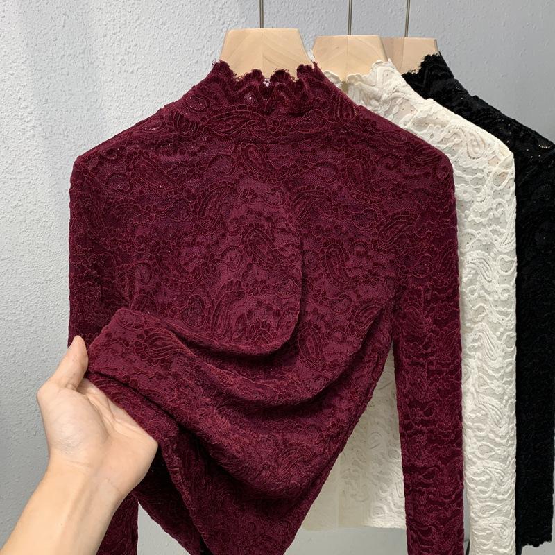 Half High Collar Lace Base Shirt High End Sense Inner Wear Autumn Winter New Style Women Clothing Slim Fit Temperament Mesh Top