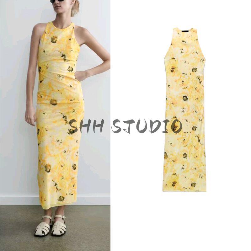 Summer New Product Women's Clothes French Round Neck Sleeveless A- Line Printed Silk Net Long Midi Skirt Dress 5039627