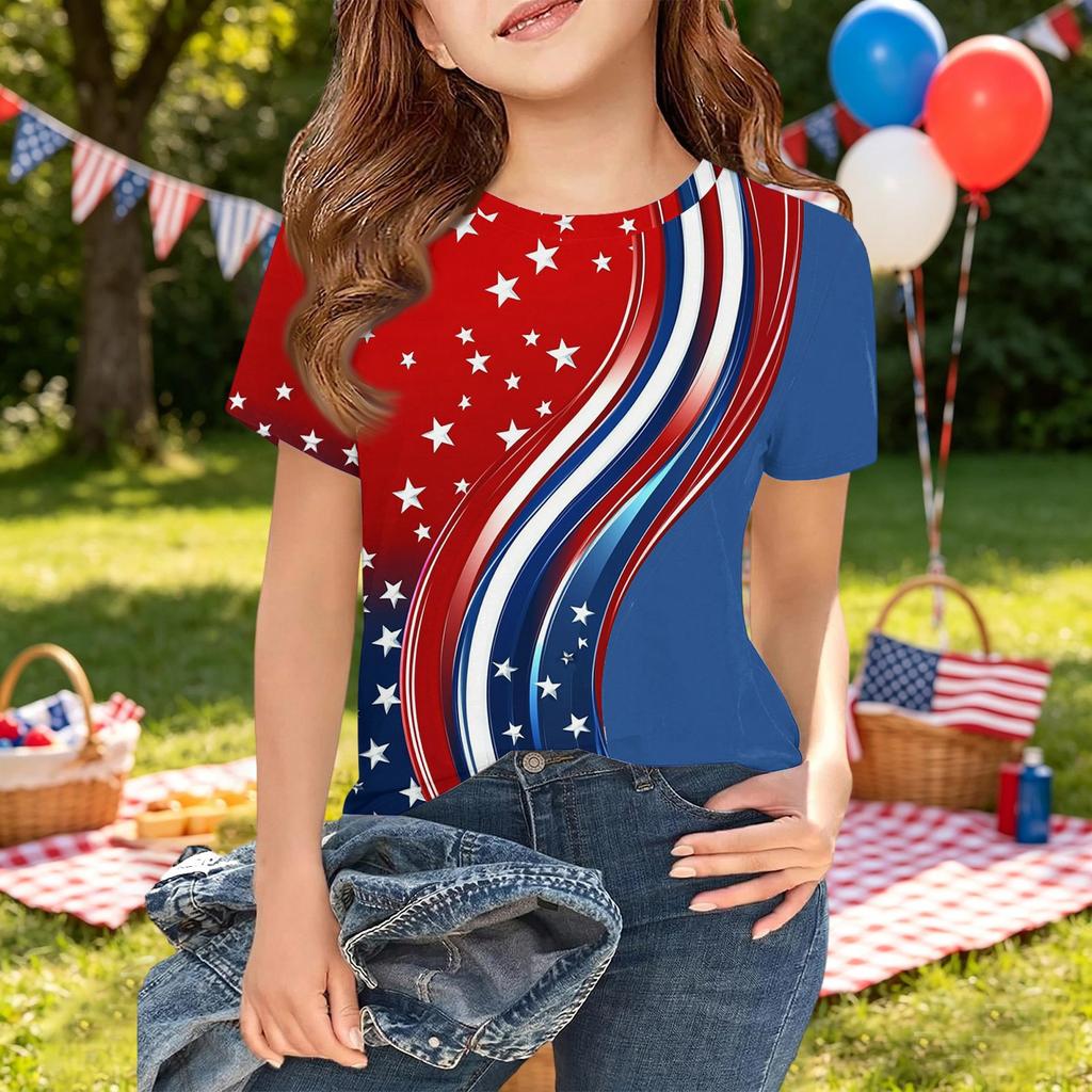 Girls Short Sleeve T Shirt Independence Day Printed Tee Top Casual Comfortable Fit Kids Summer Shirt