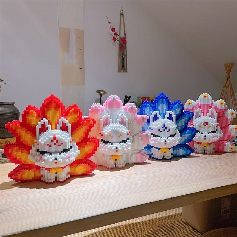 3D Nine Tailed Fox Cartoon Character Small Particle Construction Model Building Blocks Toys for Children's Kids Puzzle Gifts