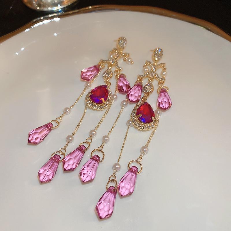 High-End Silver Needle Crystal Tassel Earrings: Diamond Inlaid Floral Retro Ethnic Style