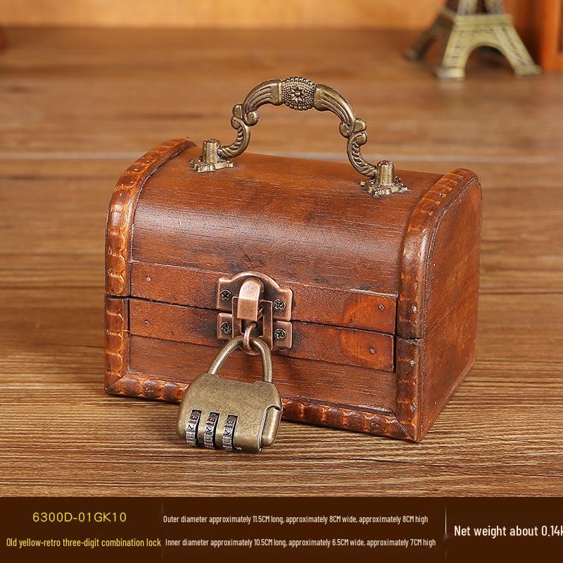 Vintage Wooden Jewelry Box with Combination Lock and Handle for Film Props