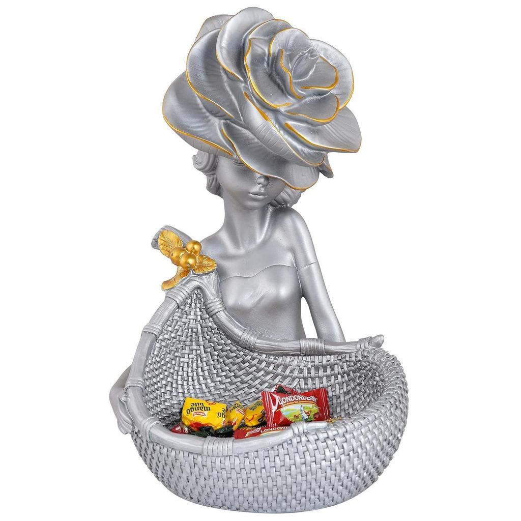 Lady with Basket Showpiece for Home Decor Showpiece & Office Decor Showpiece (11.5" Inch Size, Silver)