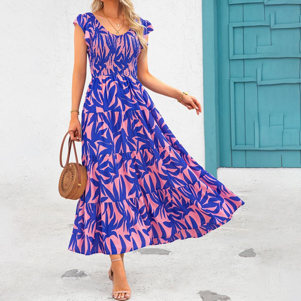 V-neck Backless Pleated Fly Sleeve Printed Dress