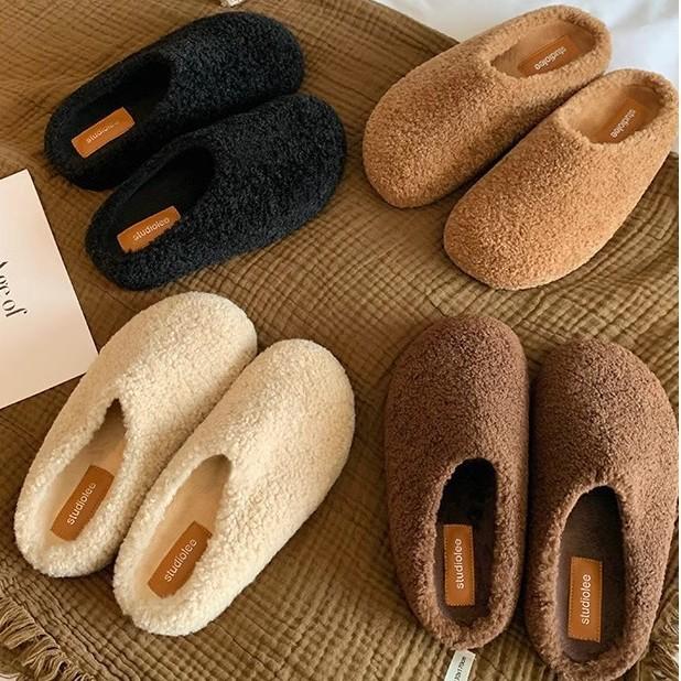 Autumn and Winter New Bag Head with One Foot To Keep Warm Cotton Shoes with Plush Fluffy Half Slippers Women Wear Autumn and Winter Models