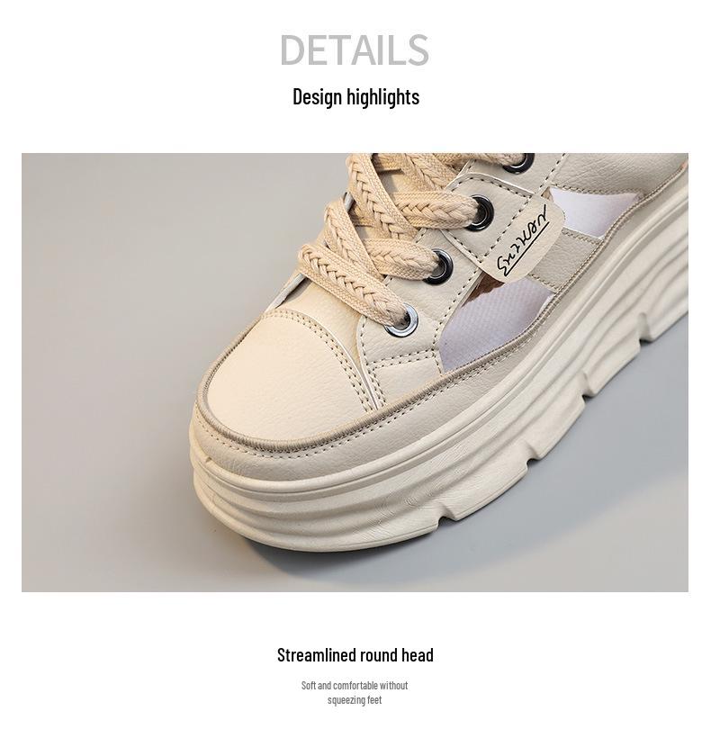 Sandálias Femininas de Verão 2023 Vazadas que Aumentam a Altura – Sapatos Casuais Versáteis Brancos Respiráveis com Solado Grosso
