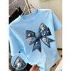 New Sweet Style Denim with Pearl Bow Print Short Sleeves and Round Neck T Women's T Shirt Suitable for Casual Outings In Spring and Summer Niche