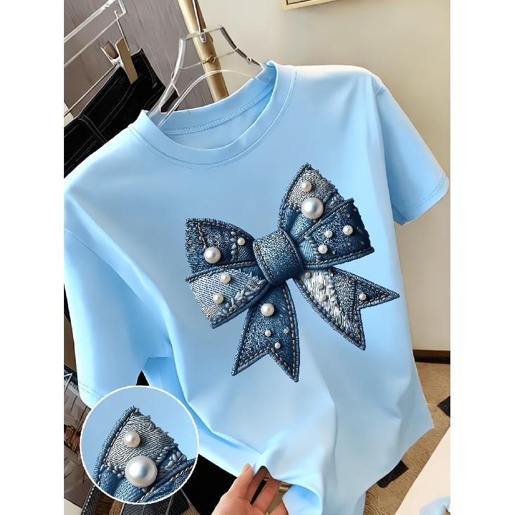 New Sweet Style Denim with Pearl Bow Print Short Sleeves and Round Neck T Women's T Shirt Suitable for Casual Outings In Spring and Summer Niche