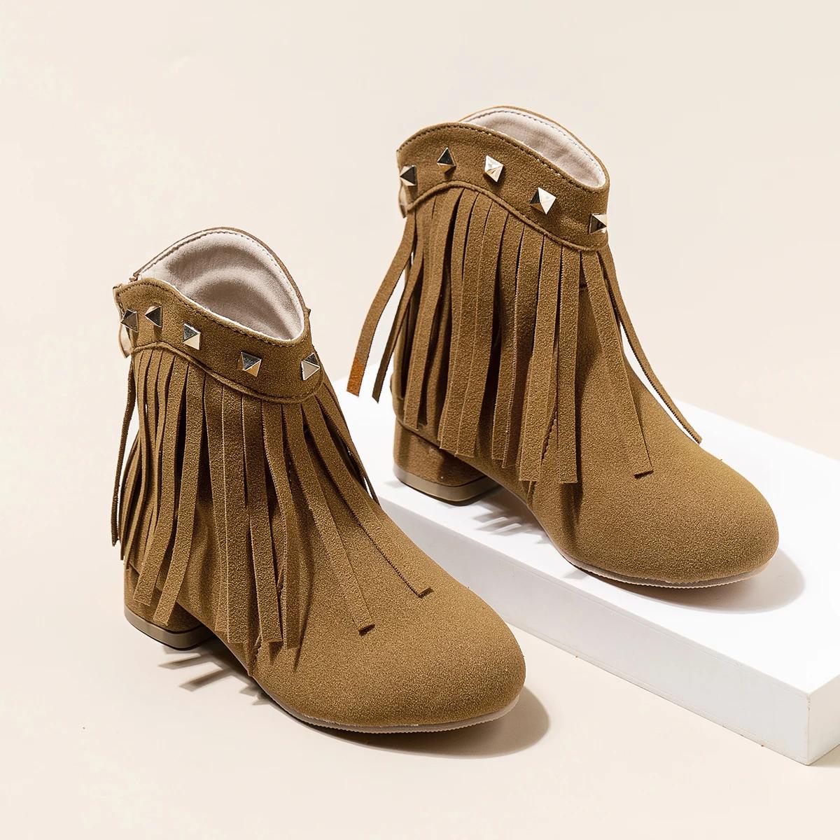 

Детские сапоги принцессы с кисточками и заклепками, короткие сапоги для девочек, темперамент, осень 2024, новые модные детские ботильоны на квадратном каблуке 27 хаки