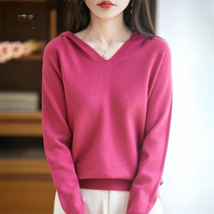 Warm V Neck Hooded Knitted Sweater for Women Autumn Winter Hoodie Sweater