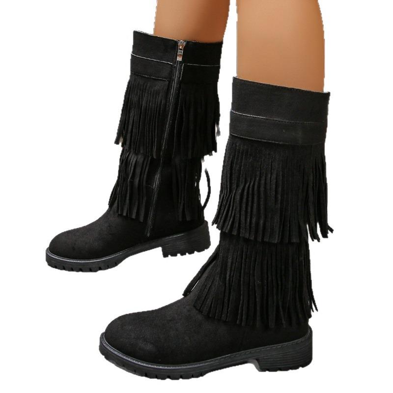 New Style Shoes: Suede Shoes, Fringed Boots, Women's Thick-heeled Side Zipper High Boots, Women's Shoes