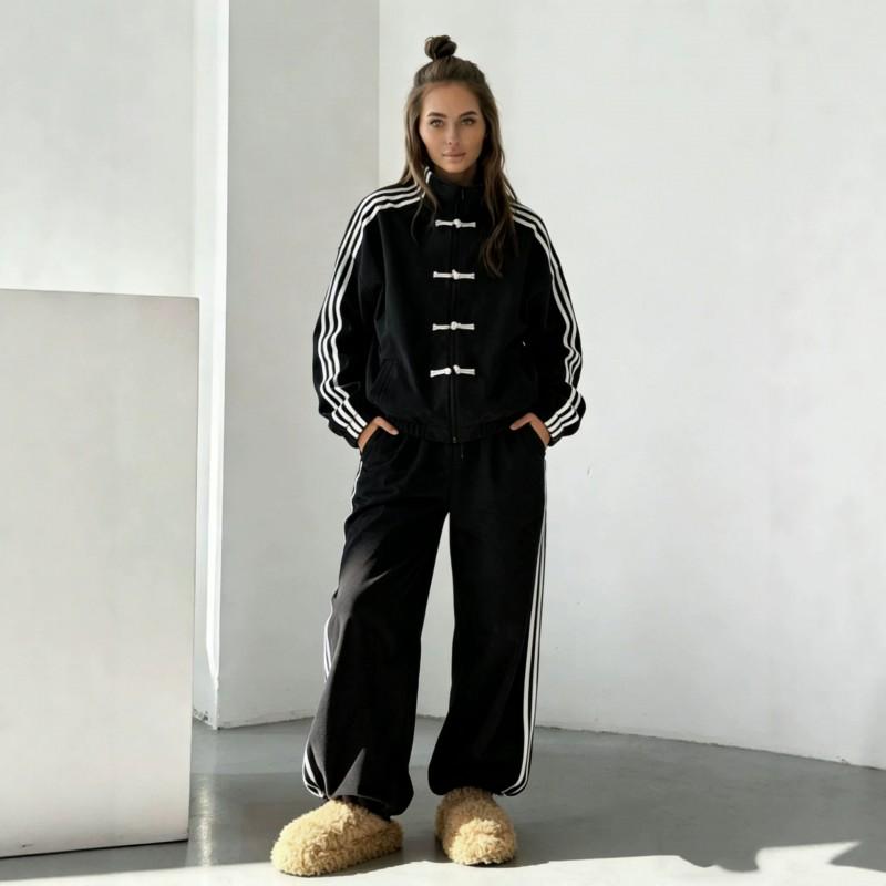 226 Fashion Button Striped Tracksuit Retro Stand Collar Jacket Wide Leg Sweatpants Two Piece Set