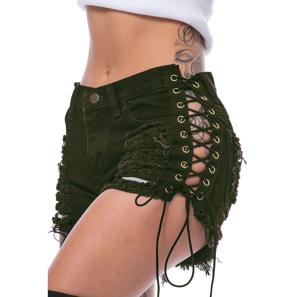 Spring/Summer Elastic Ripped Eyelet Bandage Denim Hot Pants Shorts for Women