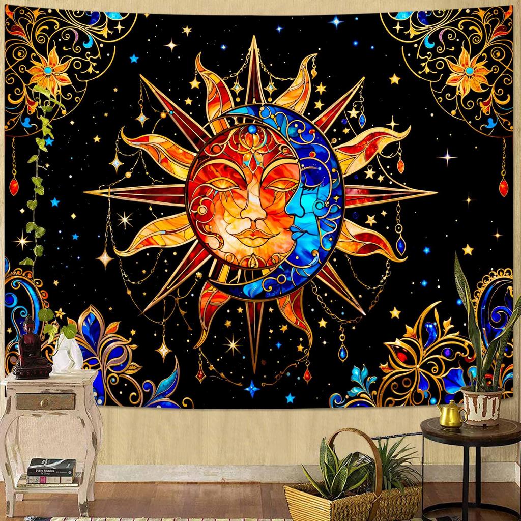 Boho Sun and Moon Tapestry, Colorful Celestial Starry Sky Mandala Print Wall Hanging for Bedroom Living Room Dorm Decor