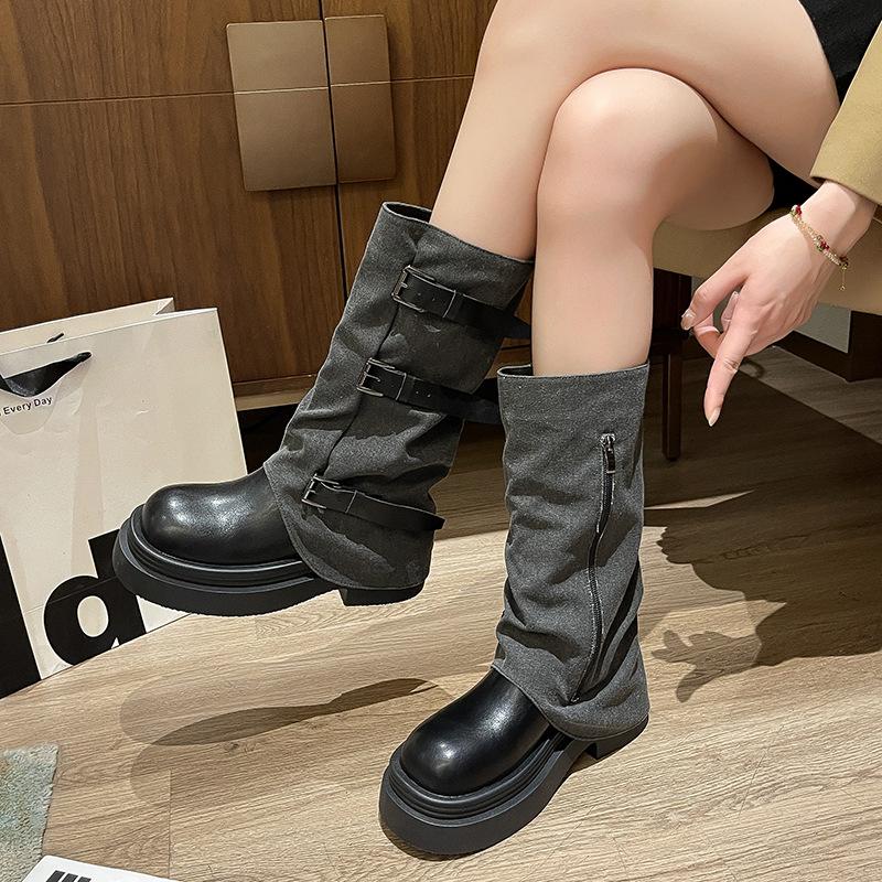 Black Fashion Explosion Thin Small Thin Medium Length Boots Women's Shoes 2025 New Autumn Thick Heel Trouser Boots
