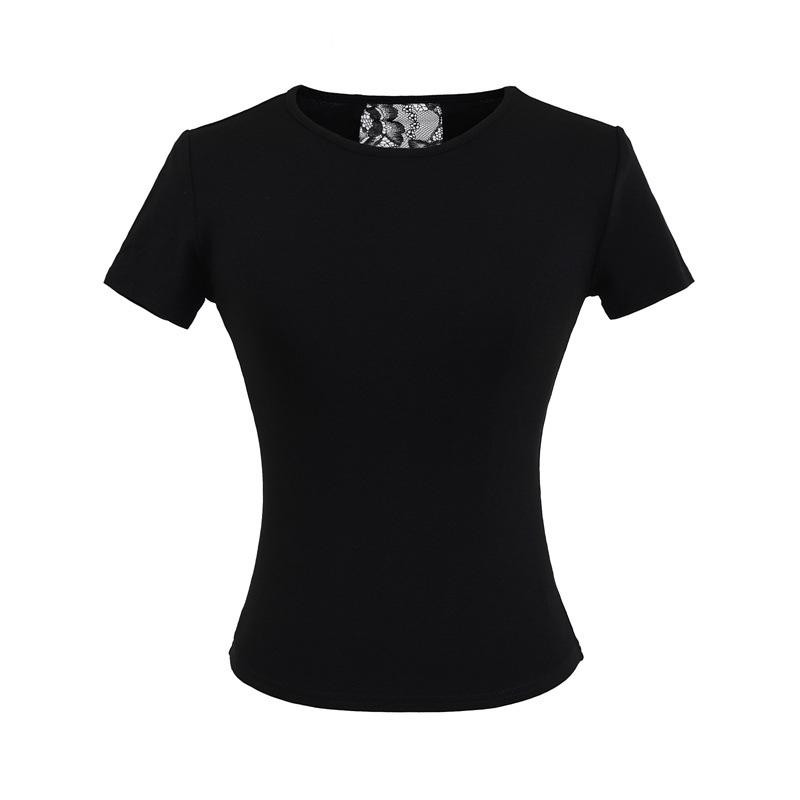

Women s Lace Spliced Round Neck Slim Fit Tee - Hot Girl Style Large чорний