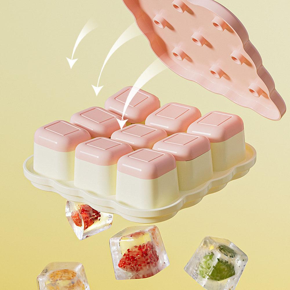 Cartoon Biscuit Style 9-grid Ice Cube Mold, Food-grade Silicone Ice Tray with Lid for Baby Food and Ice Making