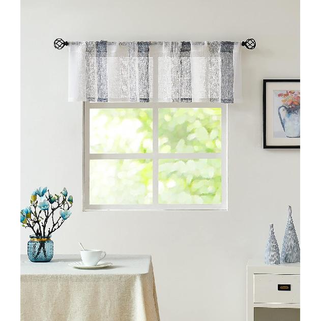 Central Park Black and White Kitchen Window Curtain Valance Vertical Stripe Sheer Boucle Linen Window Curtain, Living Room Decorative Rod Pocket (54"