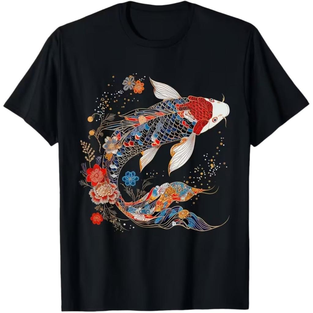 Koi Fish Vintage Flower Pattern Japanese Art Floral Koi Carp T-Shirt