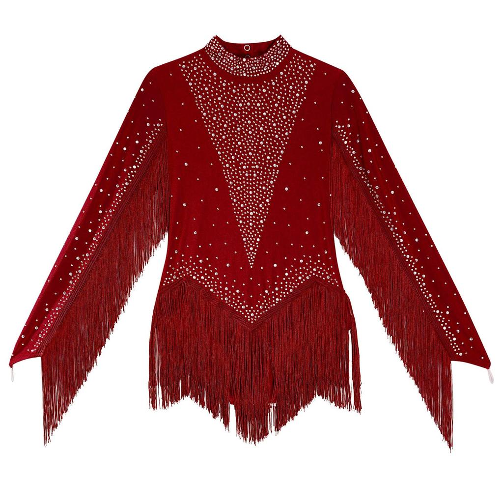 Girls Tassels Latin Dance Leotard Mock Neck Long Sleeve Cutout Back Sparkling Rhinestones Fringe Bodysuit