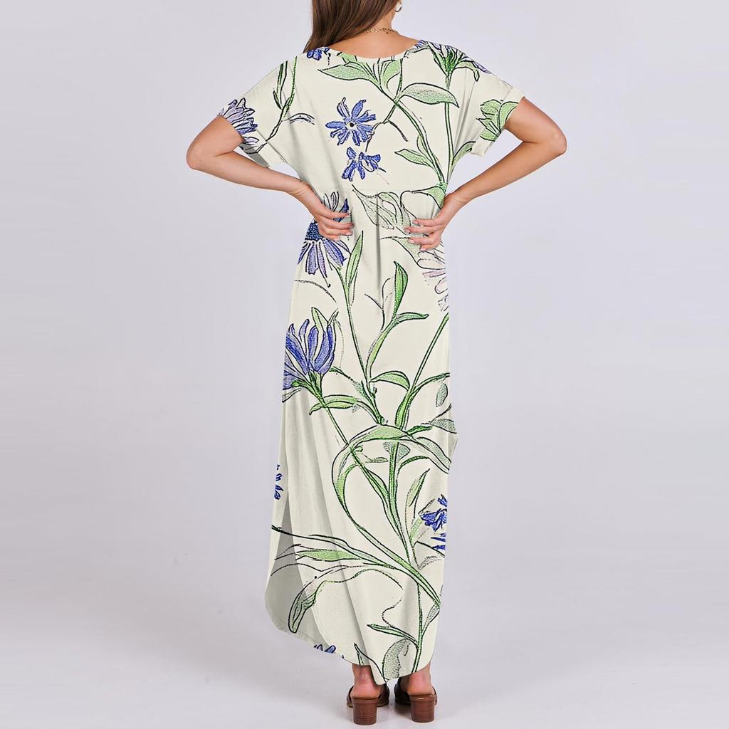 Dámské letní šaty s květinovým potiskem pro volný čas, plážové maxi šaty s krátkým rukávem