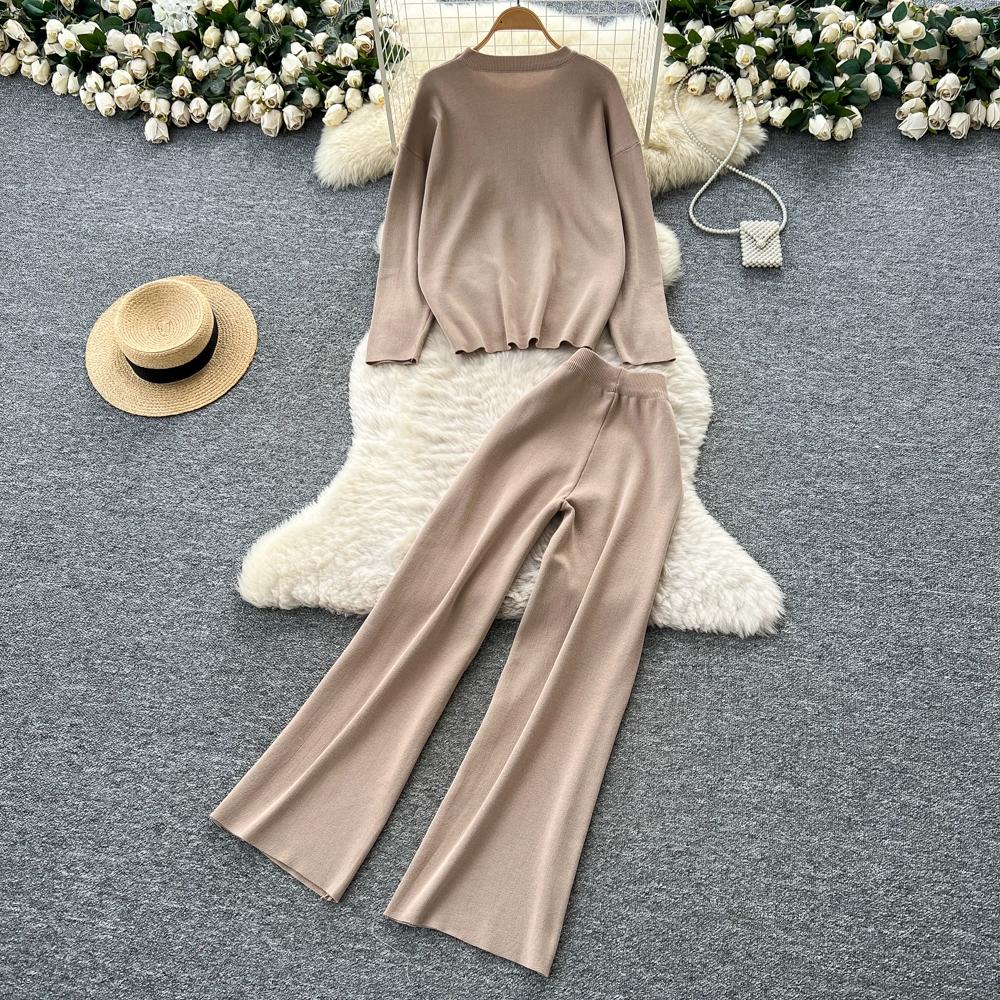 Autumn Winter Women Casual Knitted Sweater Trouser Two Piece Set Full Sleeve Flower Pullover Tops and Wide Leg Pant Tracksuit