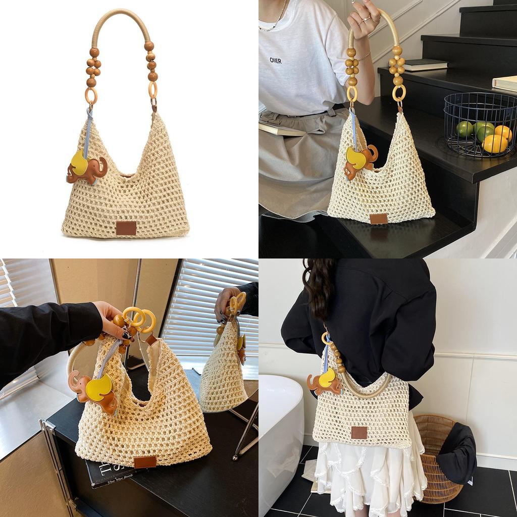 Womens Casual Hollow Woven Large Tote With Crochet Elements And Inner Pouch For Weekend Outings