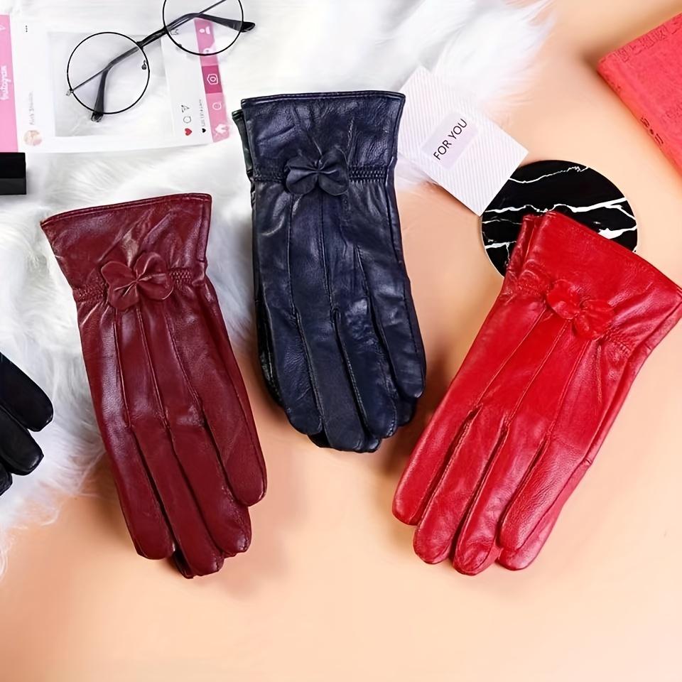 Damen Echtlederhandschuhe mit Schleifendetail - Elegante Rote, Marineblaue & Schwarze Reithandschuhe, Vollfingerwärme zum Autofahren & für Outdoor-Aktivitäten