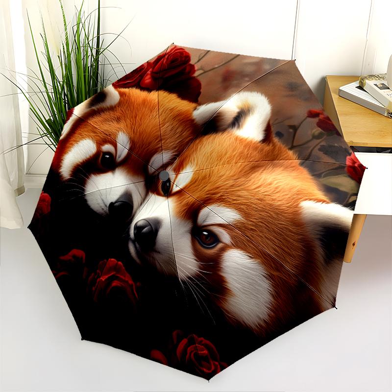 Red Panda and Rose pattern, automatic folding umbrella, portable and foldable design, 8 ribs, a Christmas or birthday gift.