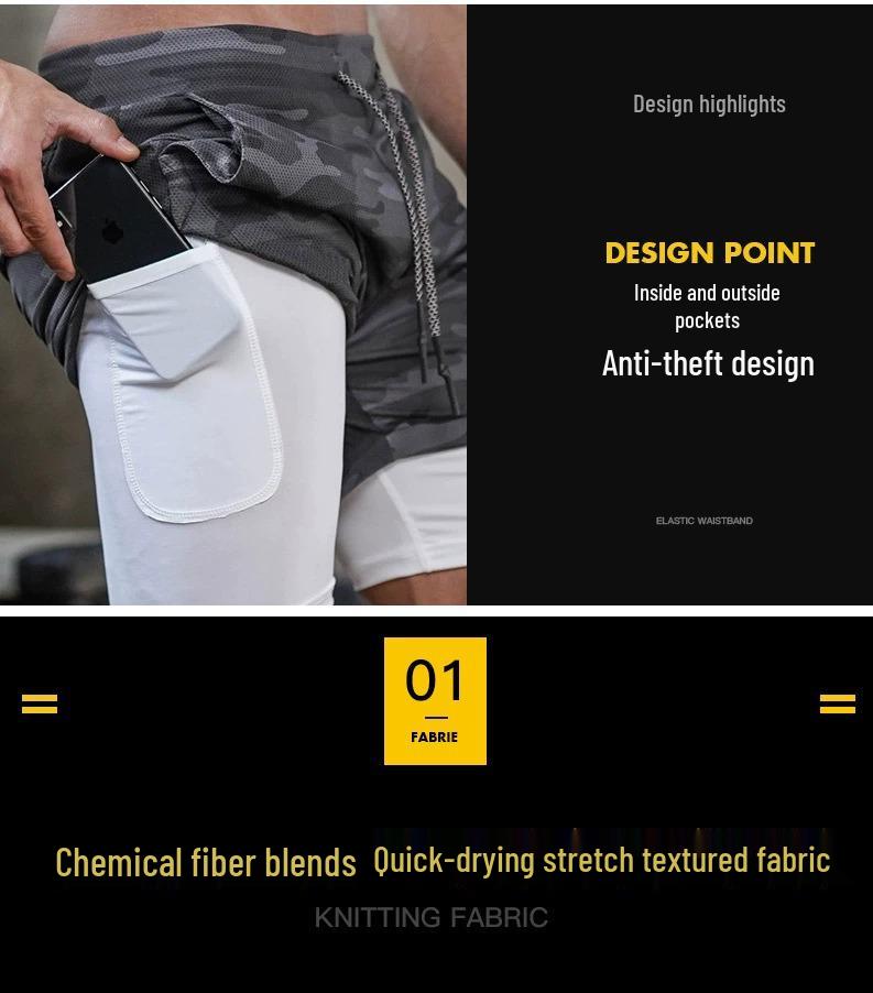 Men's Double-Layer Running Shorts with Phone Pocket - Lightweight, Breathable, Quick-Dry for Summer Sports.