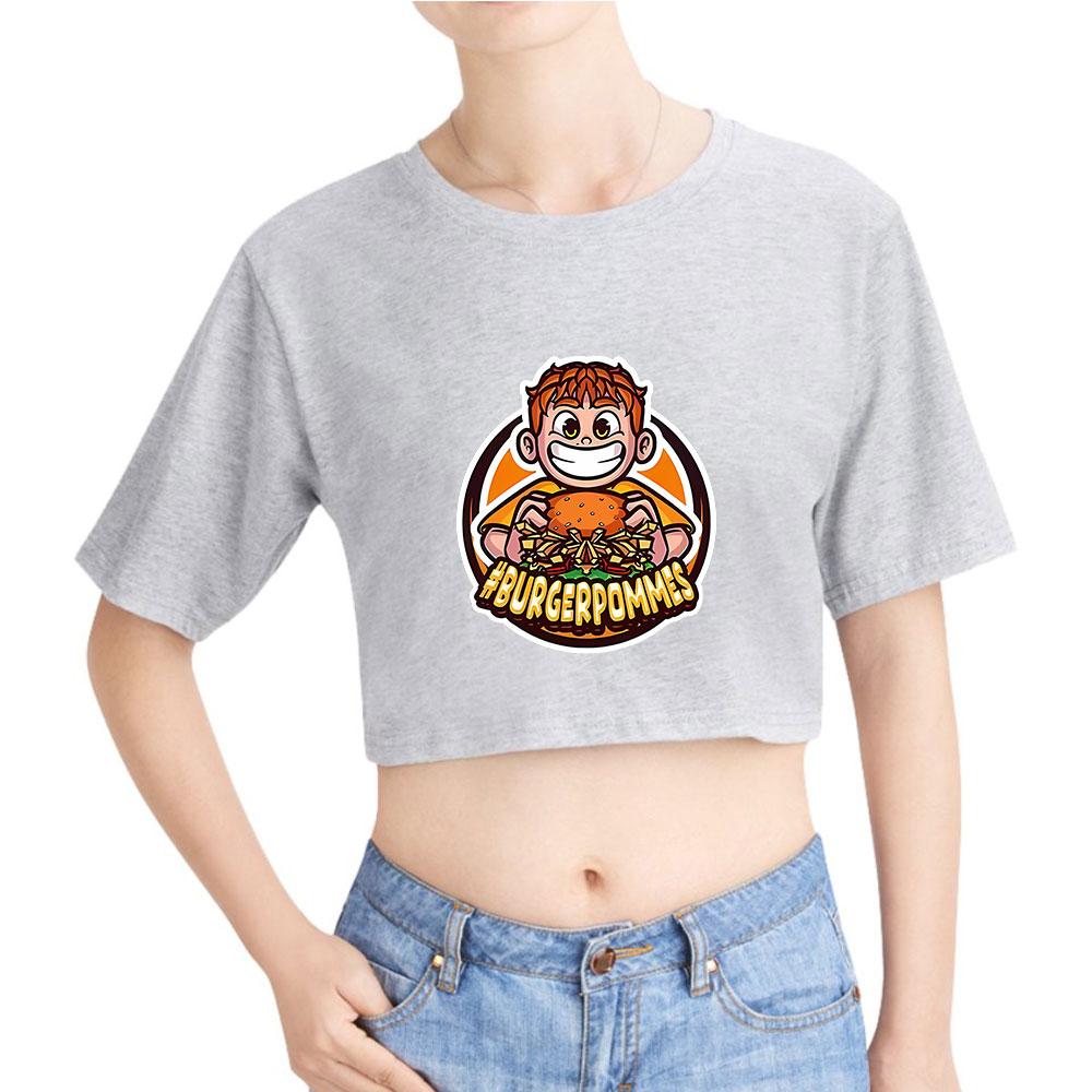 Women's Stylish Burgerpommes ICrimax Printed T-Shirt Short Sleeve Round Neck Slim Fit Wild Casual Crop Tops for Summer