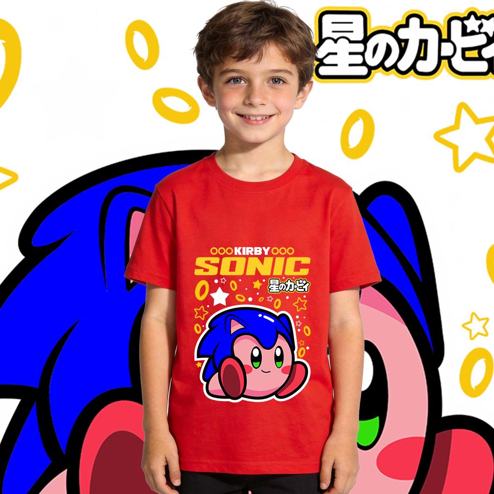 Kirby Sonic Anime Print Cotton T Shirt for Boys Girls Casual Short Sleeve Kids Summer Top Soft Breathable