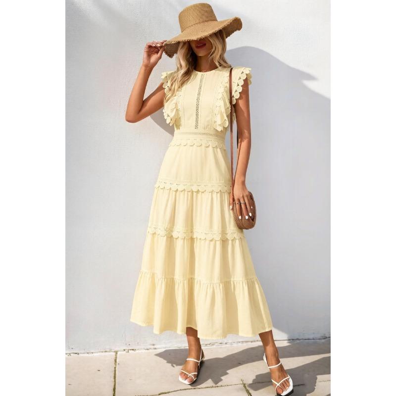 JPNTKY Fashion Solid Color Print O-Neck Sleeveless Casual Dresses