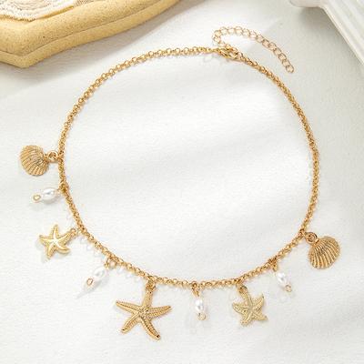 New Holiday Beach Style Starfish Pendant Shell Imitation Pearl Tassel Beach Element Alloy Women's Necklace Jewelry Accessories
