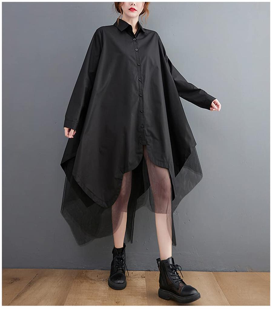 BEIBANG Shirt Long Layered Tulle Long Plus Slimming Women's Dress, Sleeve, Casual, Look, Skirt, Tunic, Sizes, Flattering, (Free Size, Black)