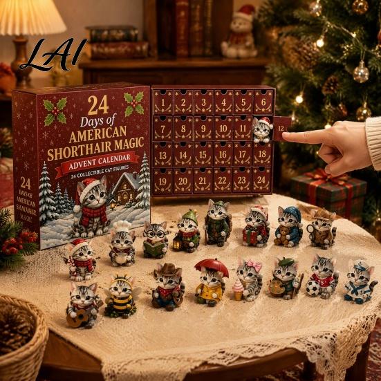 Desktop Decorative Advent Calendar Days Christmas Figurines 24 with Acrylic Cat Figurines, Countdown Small