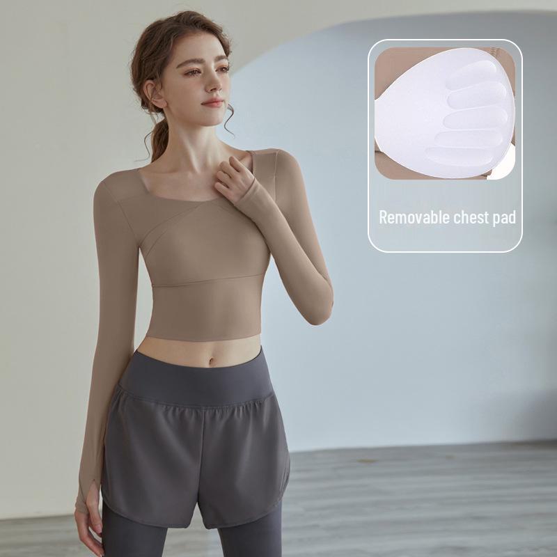 

Женский летний топ с длинными рукавами для йоги и бега с накладками на грудь - облегающая, стильная и сексуальная спортивная одежда S
