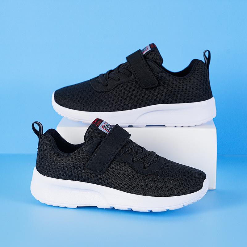 Breathable Boys' Double Mesh Running Shoes - Soft Sole, All Black, Medium to Large Sizes