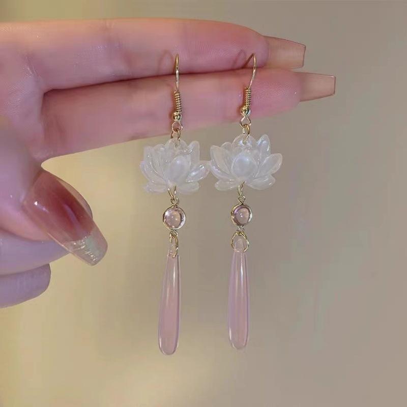 

Female New Chinese Lotus Long Water Drop Earrings рожевий